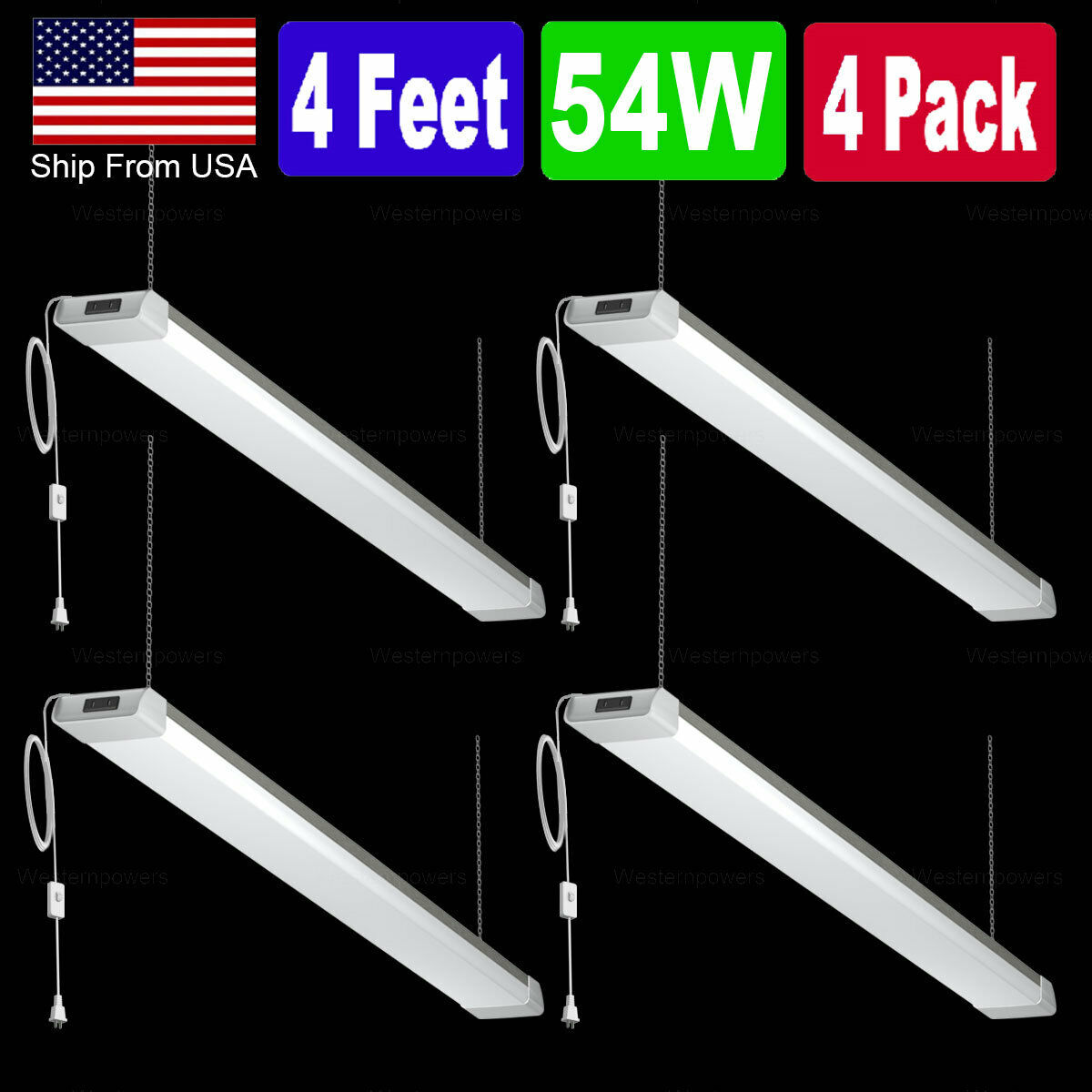 Westernpowers 4 Pack 54W LED Shop Light Garage Workbench Ceiling Lamp Linkable westernpowers LIGHT