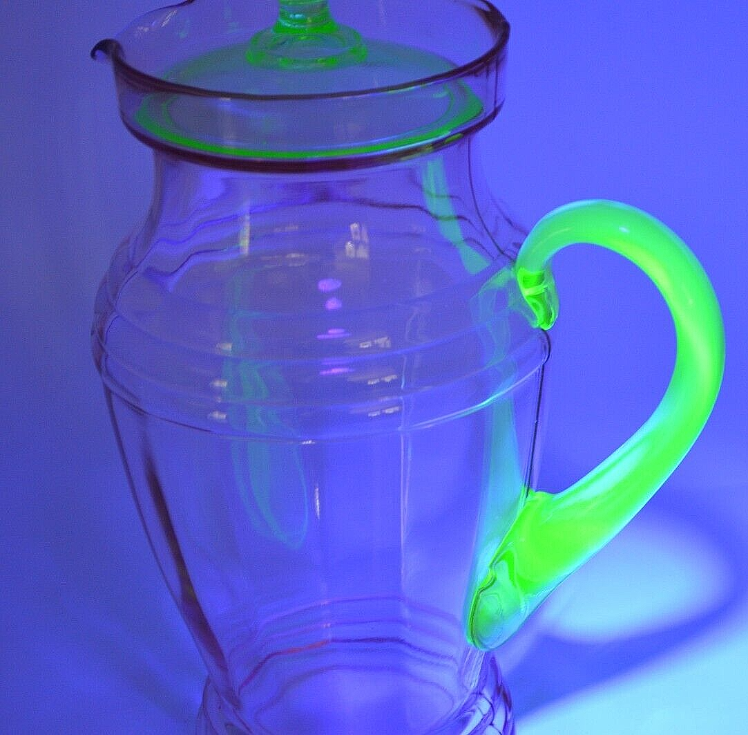 Louie Weston Tiffin WATERMELON Pitcher +6 glass Tumbler Set Ribbed Optic Uranium Weston, Louie, Tiffin, or West Virginia Specialty Glass Co Pitcher /Jug and Tumblers Set - фотография #5