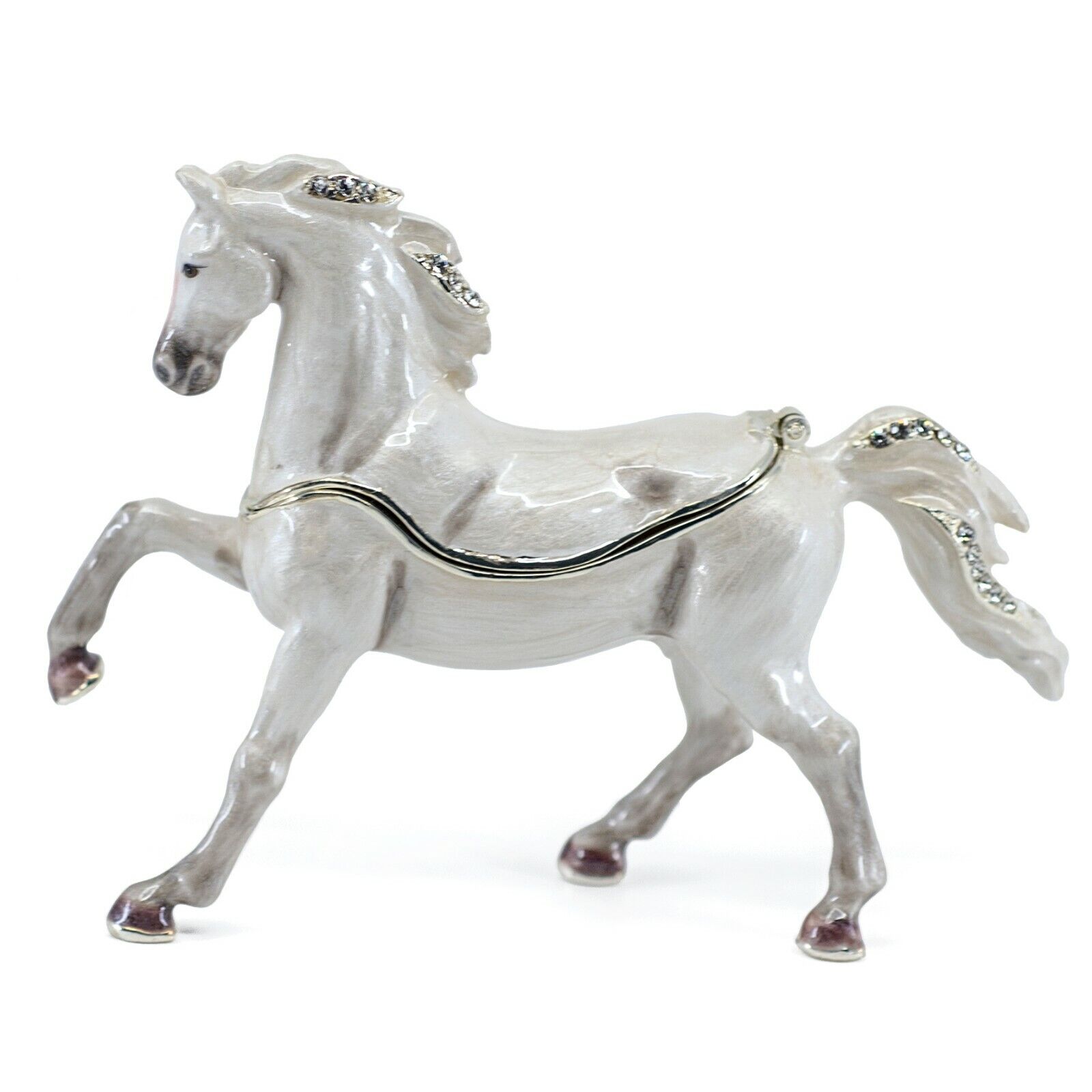 Bejeweled Enameled Pewter White Stallion Horse Trinket Box With Crystals 4.25"L Без бренда 3060