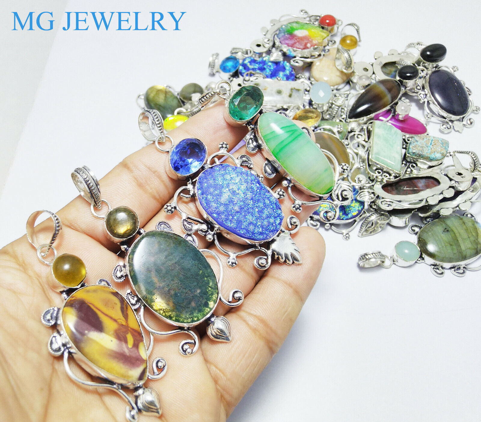 Wholesale 10Pcs Double Stone Mix Pendant Lot Gemstone 925 Sterling Silver Plated Handmade
