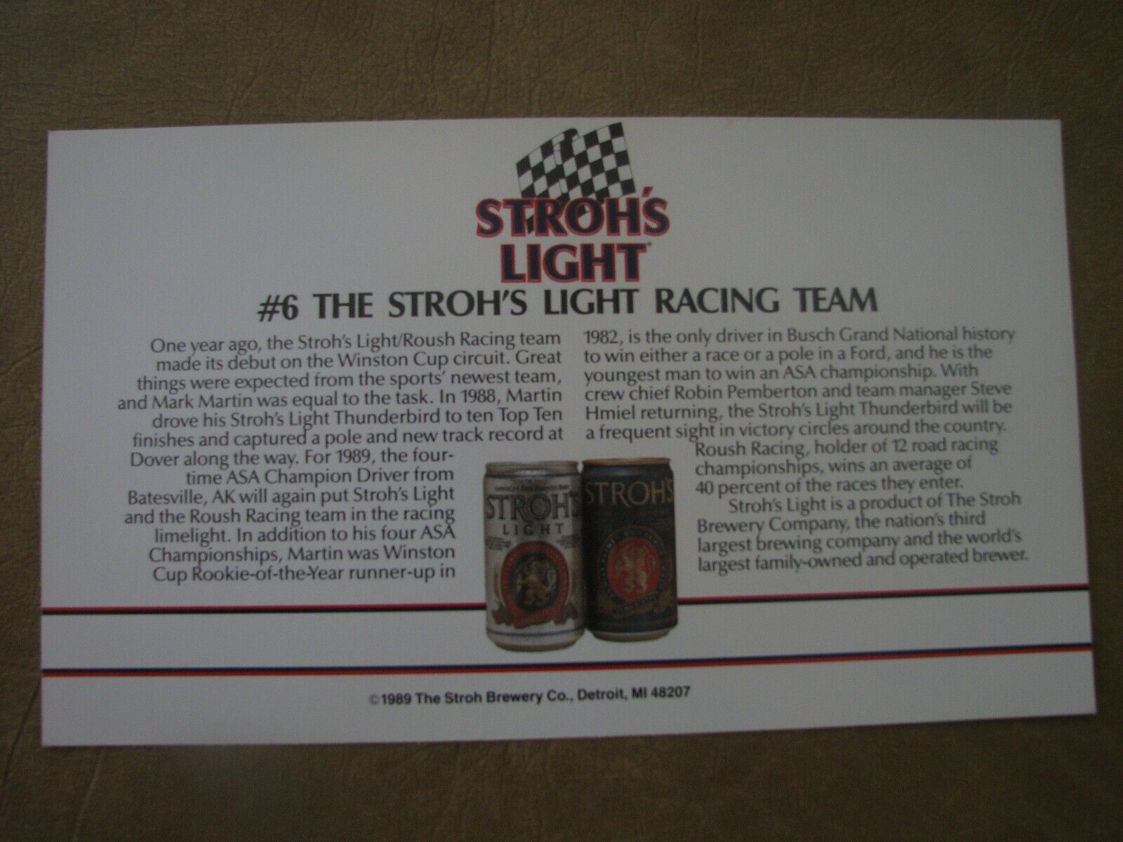 1989 Stroh's Mark Martin #6 Racing Team Photo Card 2 Sided (6 ea in a set) $5.00 Без бренда - фотография #9