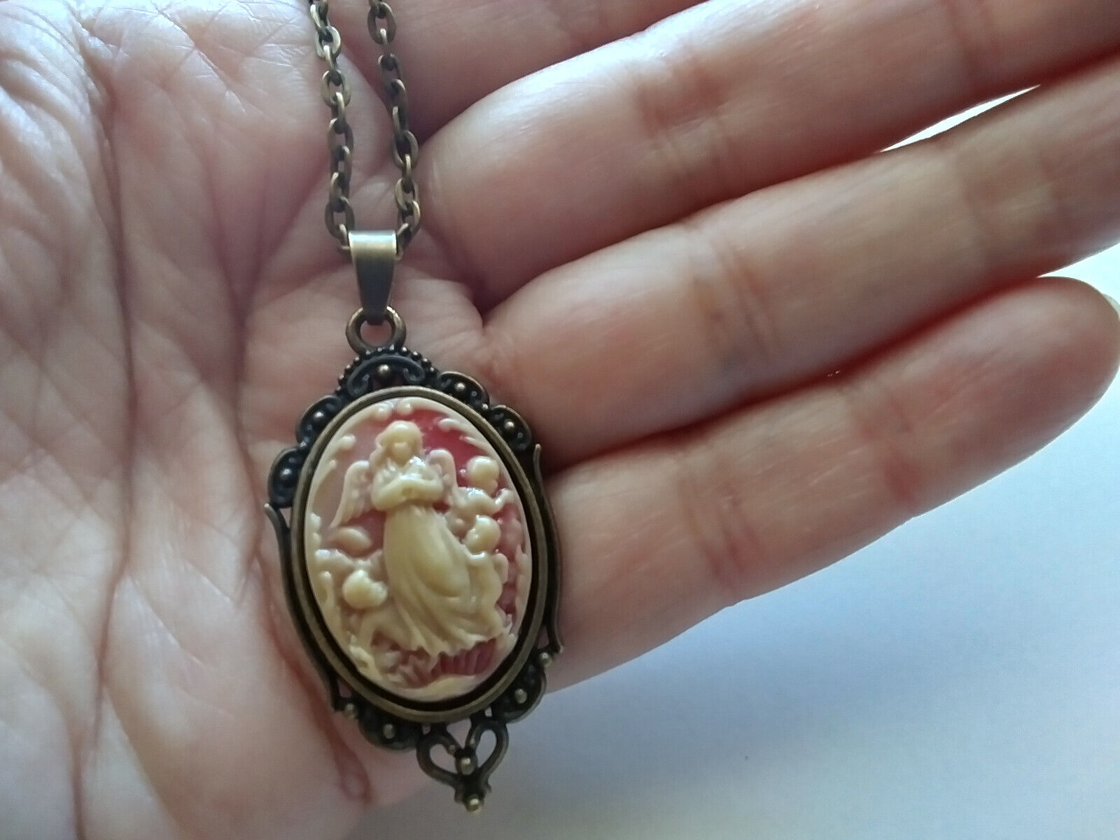 Rococo Guardian Angel Cameo pendant Ivory Shell look bronze chain necklace OOAK! Handmade