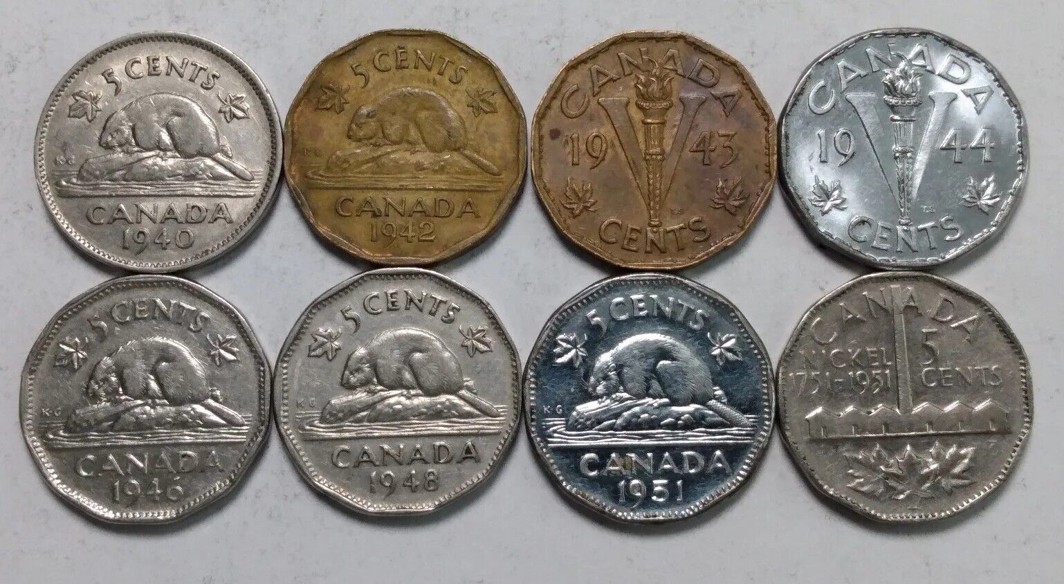 Type Set 8x Canada 5 Cents - Only KGVI Dates - Canadian Nickels Без бренда