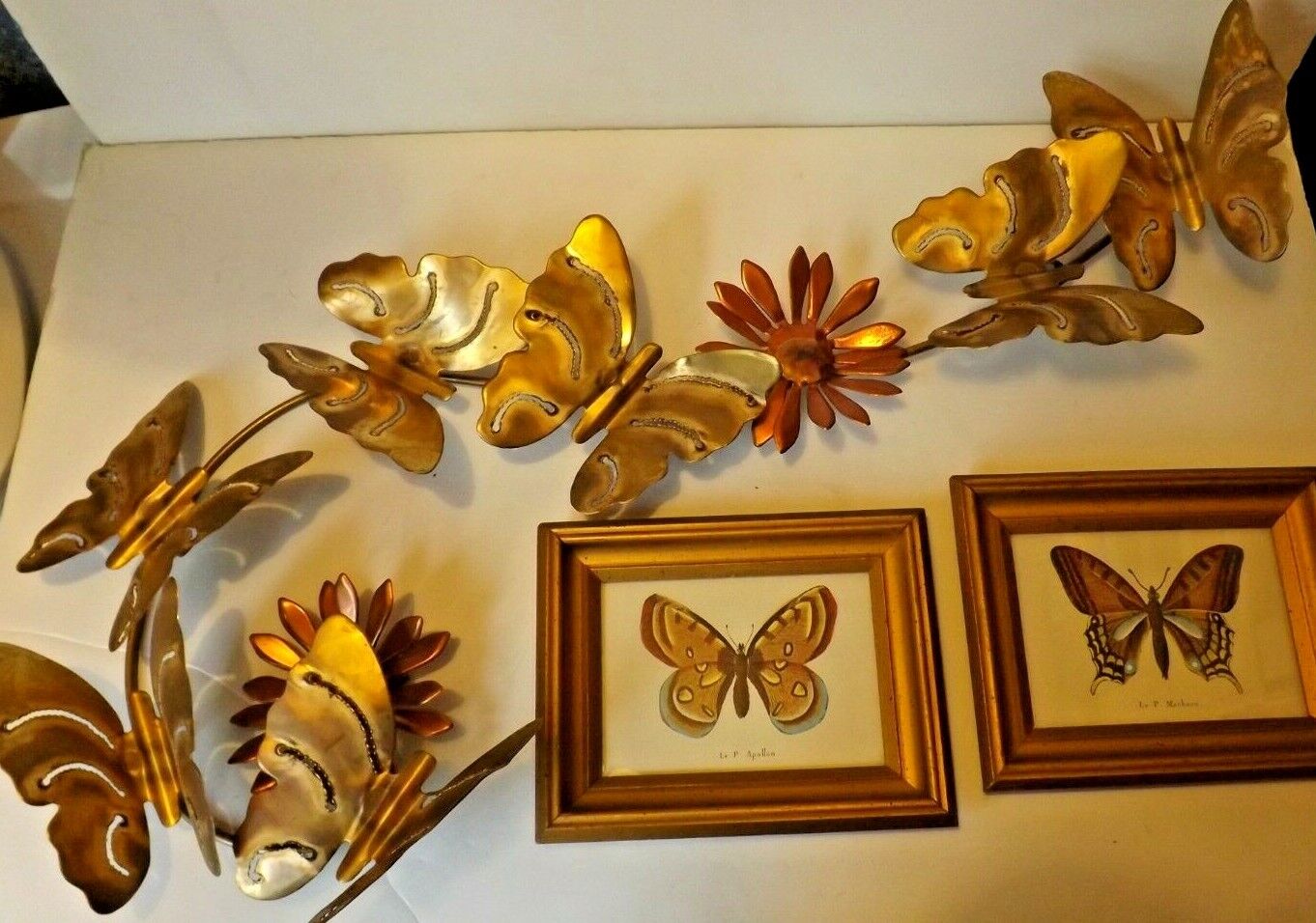 Vintage Home Interiors Brass Butterfly & Copper Daisy Wall Hanging & 2 Pictures Без бренда