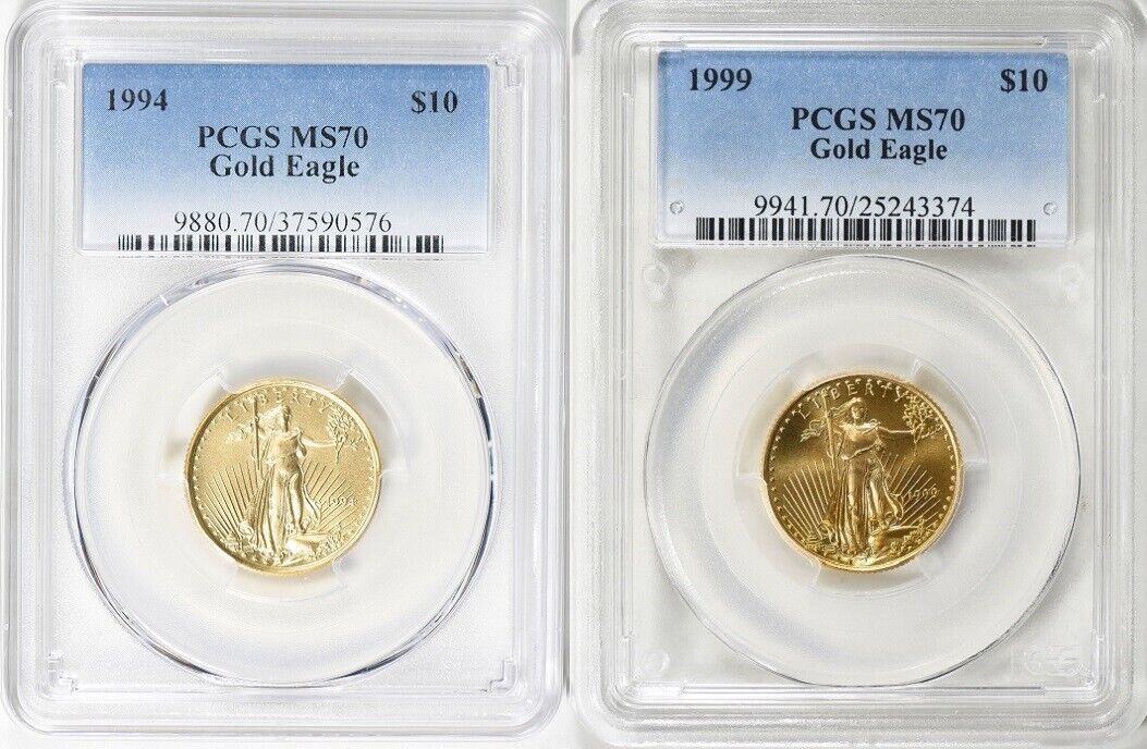 1994 & 1999 $10 GOLD EAGLE PCGS MS70 LOW POP 61 & 72 COINS * Low Mintage Без бренда