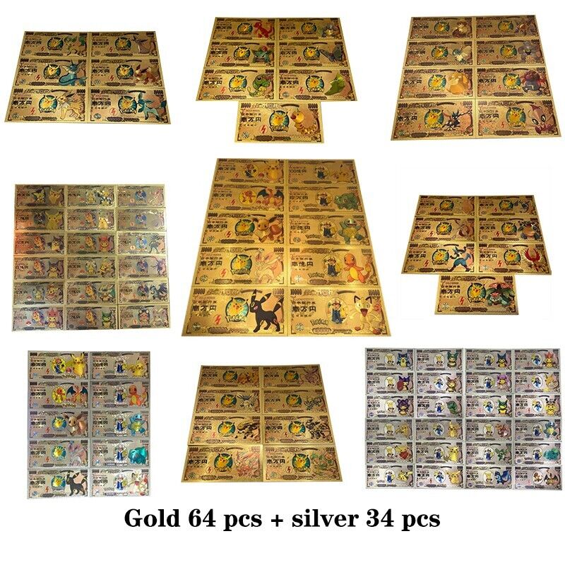 64pcs Gold Pokemon Banknote +34pcs silver Pikachu Eevee Banknote (64+34=98 pcs) Без бренда
