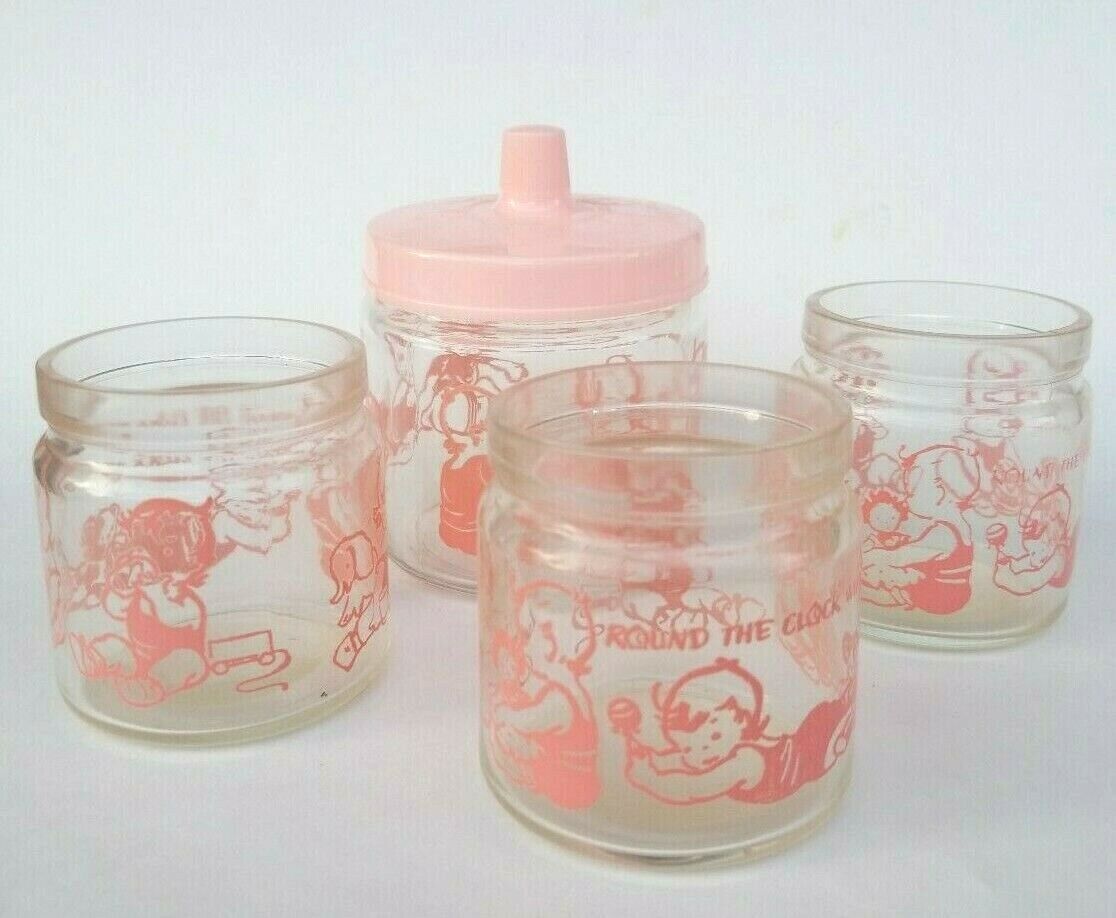 4 Glasco Round the Clock Pink Nursery Jars Vintage Baby Pink Containers Glasco
