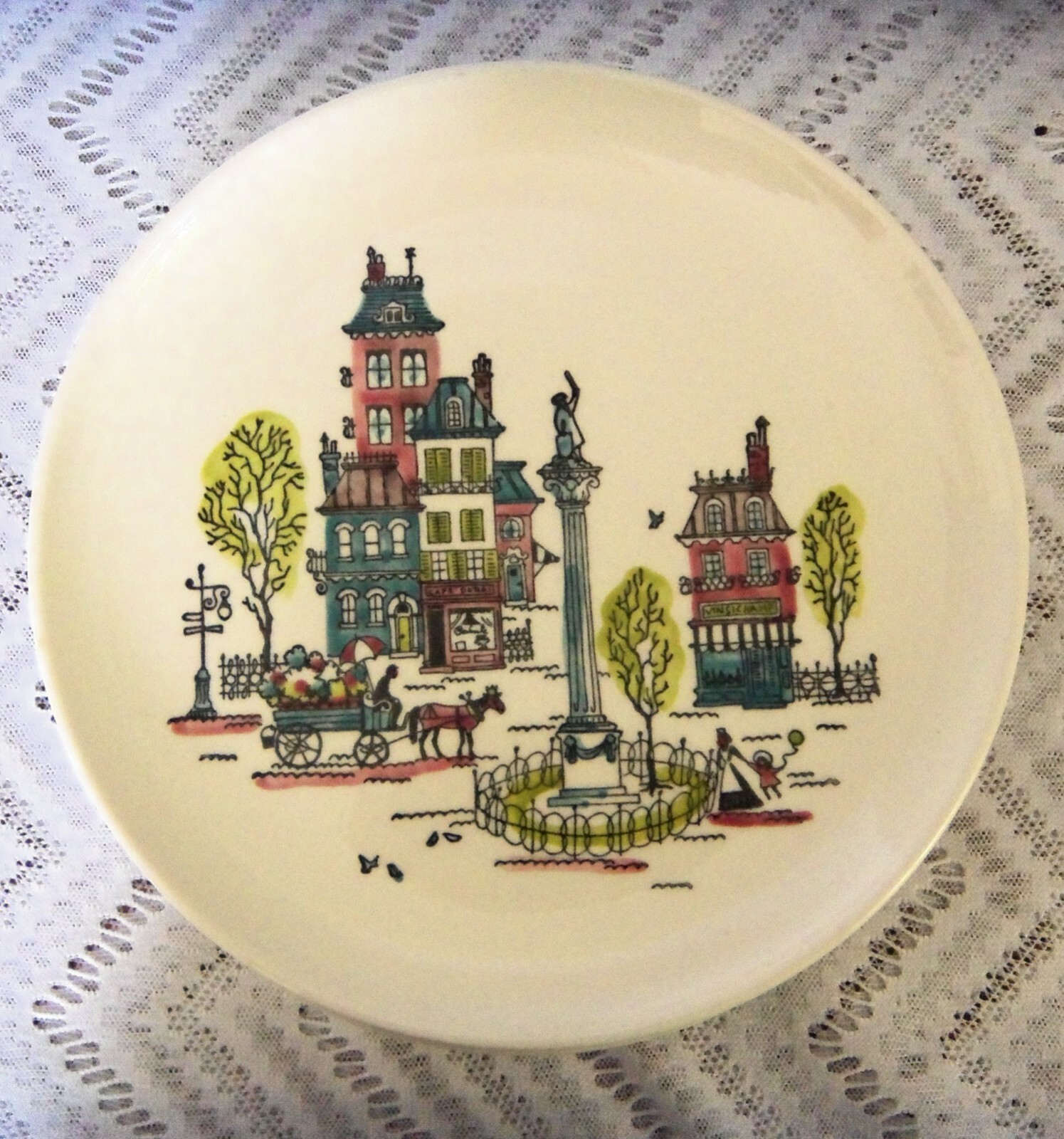 Rare Metlox Poppytrail Parisian Street Scene 10-1/4" Dinner Plates 1956 (X5) Metlox - фотография #4