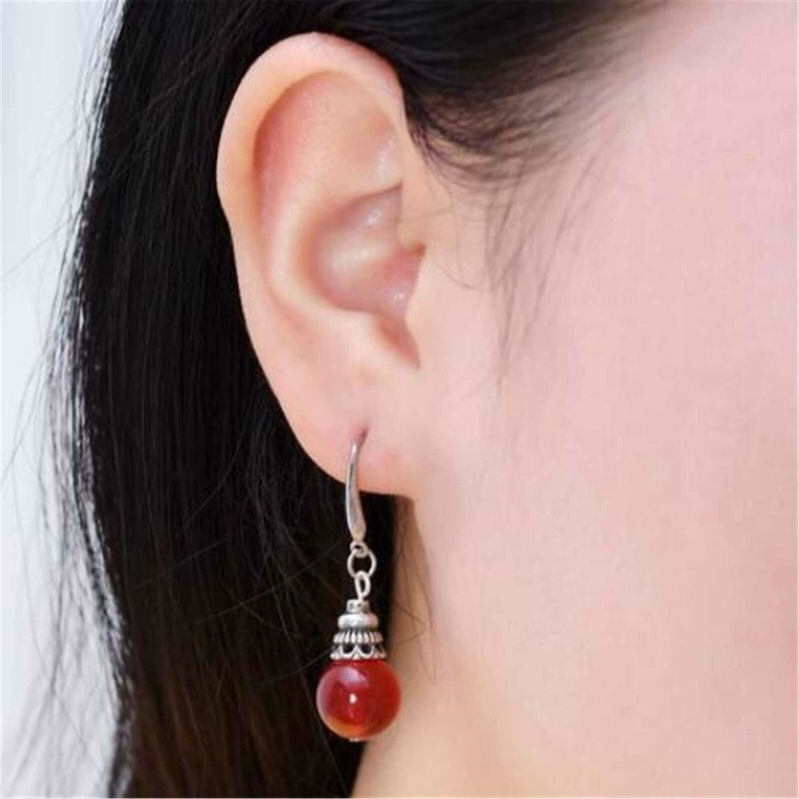Fashion Big round Red Agate Tibet Silver Earrings Mother's Day Hook Ear stud Unbranded 6 - фотография #4