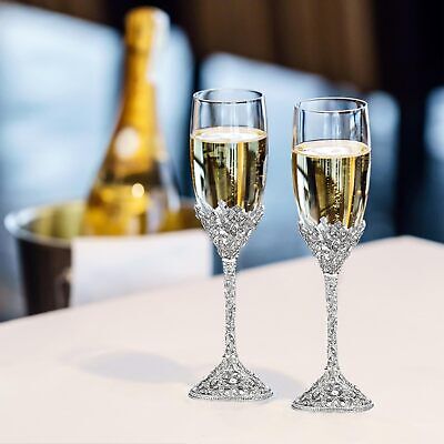 Champagne Flutes Wedding,Champagne Glasses Set of 2 Metal Base With Crystal S... Popgege - фотография #3
