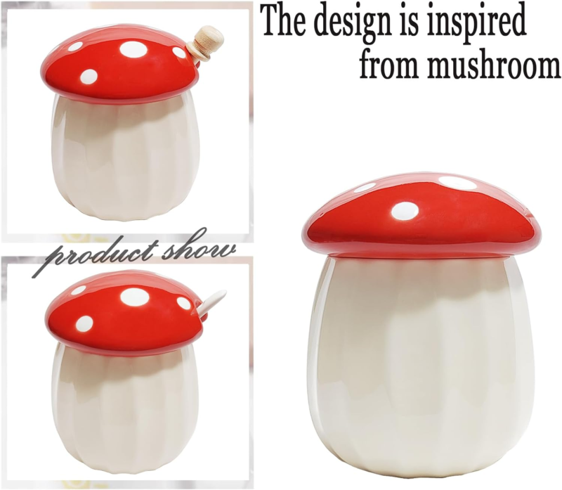 Mushroom Honey Jar with Dipper and Lid Ceramic Honey Pot Honey Container 10Oz (R MaoYaMao - фотография #3