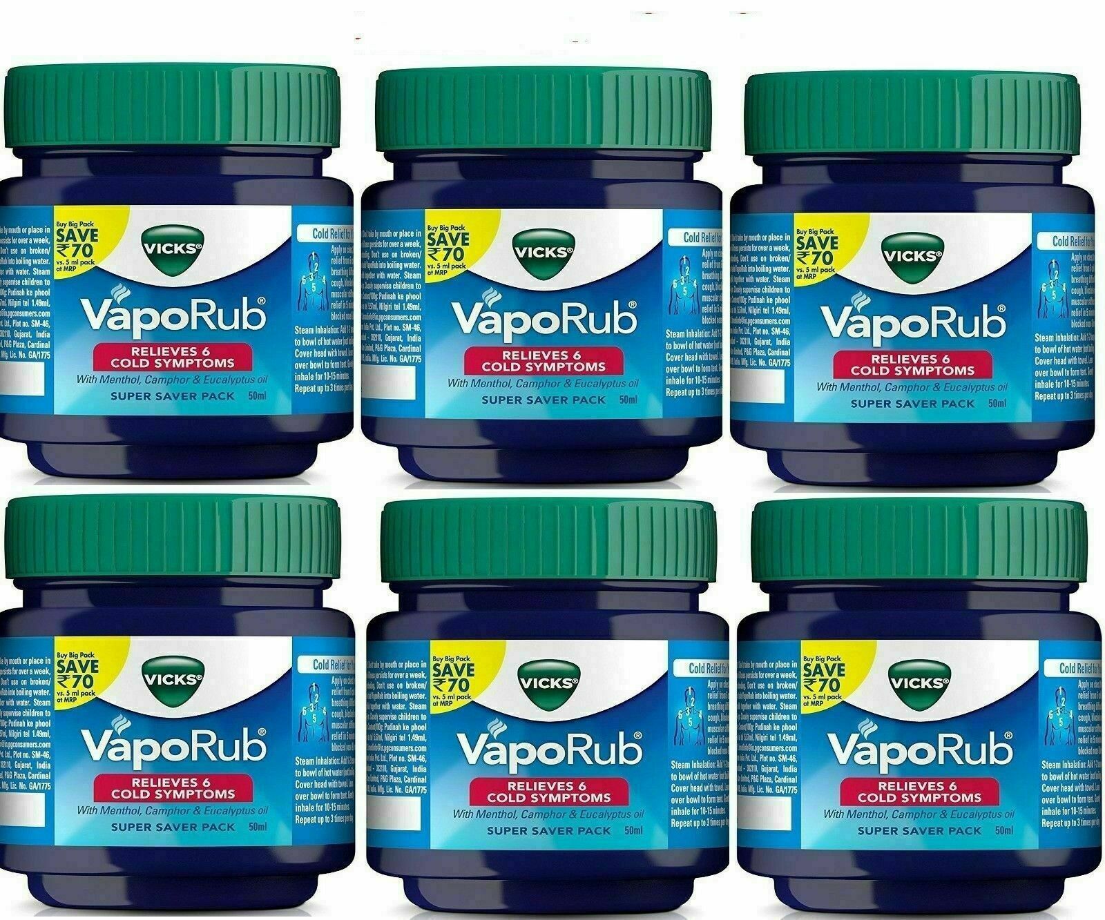 6 X Vicks Vaporub 50ml balm , block nose cough Nasal Congestion headache India Vicks