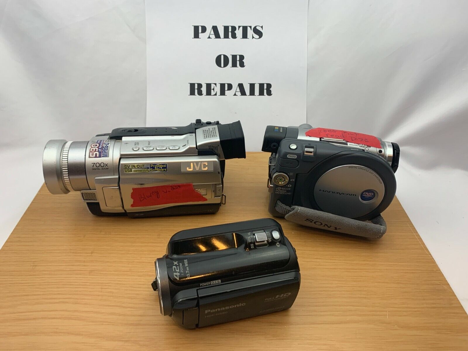  Camcorder Lot of 3 Sony Handycam, JVC, Panasonic Mixed Cams Parts or Repair Sony