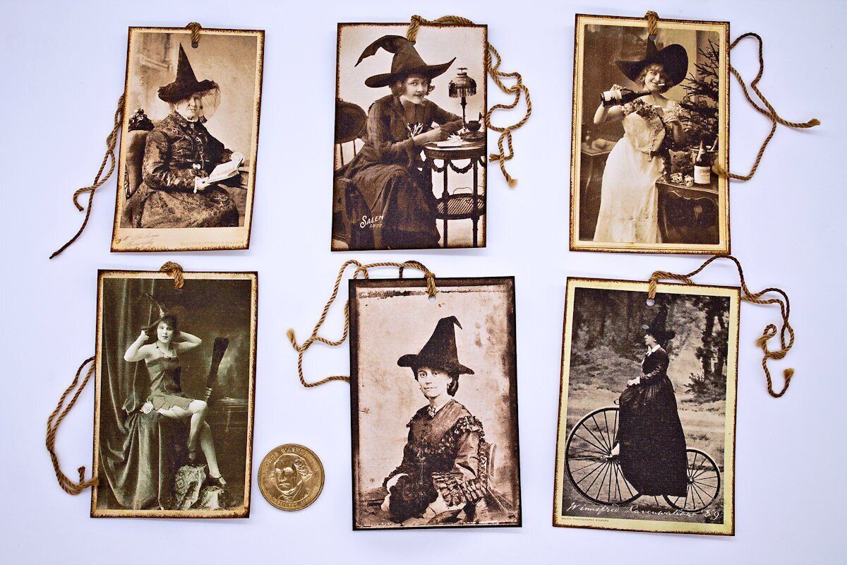 6~Halloween~Vintage~Witch~Photo~Linen Cardstock~Gift~Hang~Tags Без бренда