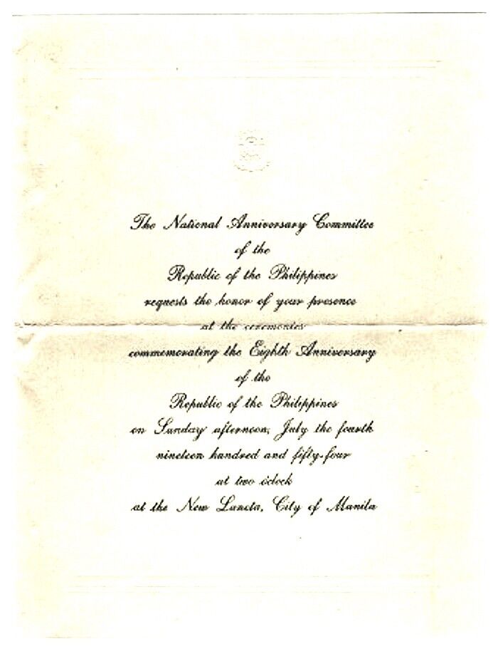 PHILIPPINES 1954 INDEPENDENCE CELEBRATION INVITE w/AUTO PASS  Manila $4-s+h-US Без бренда - фотография #2