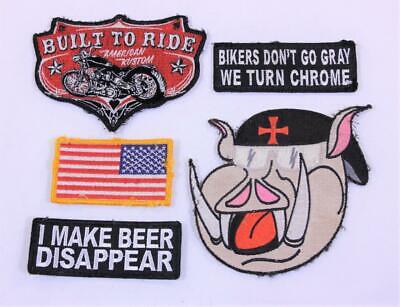 Five (5) Motorcycle Biker Patches. Flag/ Chrome/ Beer/ Built To Ride/ Hog Без бренда