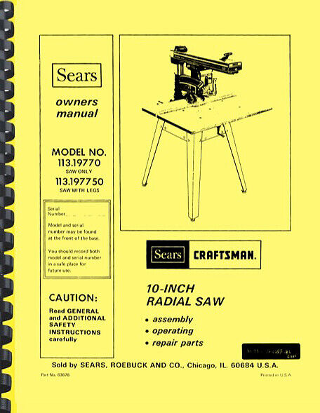 Sears Craftsman 113.19770 and 113.197750 10-inch Radial Saw Owner's Manual  Manual