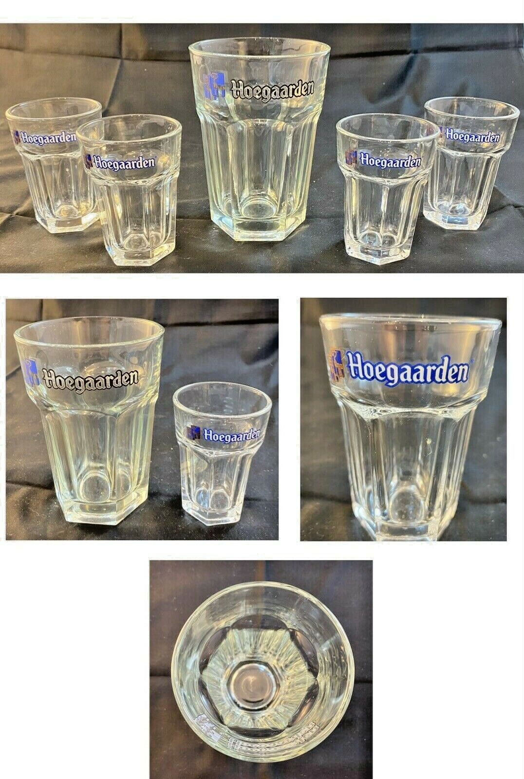 VINTAGE Beer Glasses 1- 16 oz. & 4- 5 oz. HOEGAARDEN 6-Sided Clear 5-Piece Set hoegaarden
