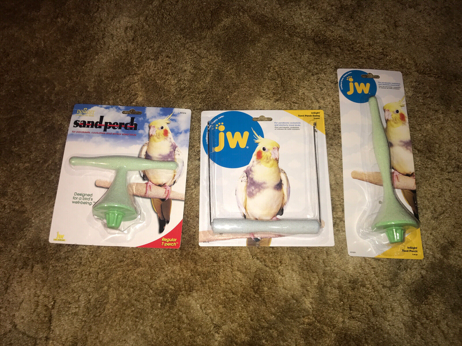 LOT of 3 JW Insight Bird Swing, T-Perch, Straight Perch Cockatiel Parakeet JW Pet Perches