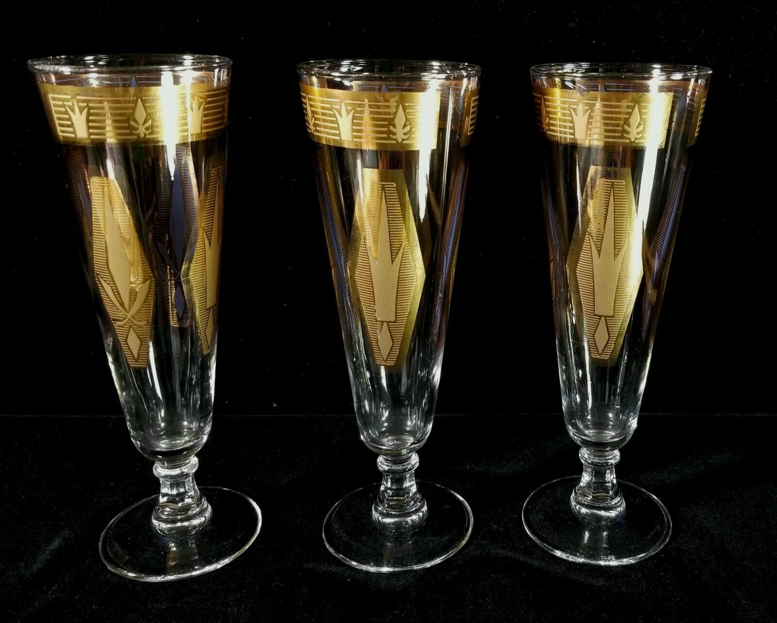 Lot Of 3 Midcentury Modern Gilded Pilsner Or Champagne Flutes 8 1/4" Tall NrMINT Unbranded