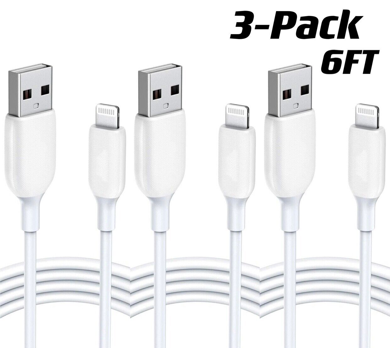 3-PACK 6FT USB Data Charger Cables Cords For Apple iPhone 5 S 6 7 8 X Plus Unbranded Does Not Apply