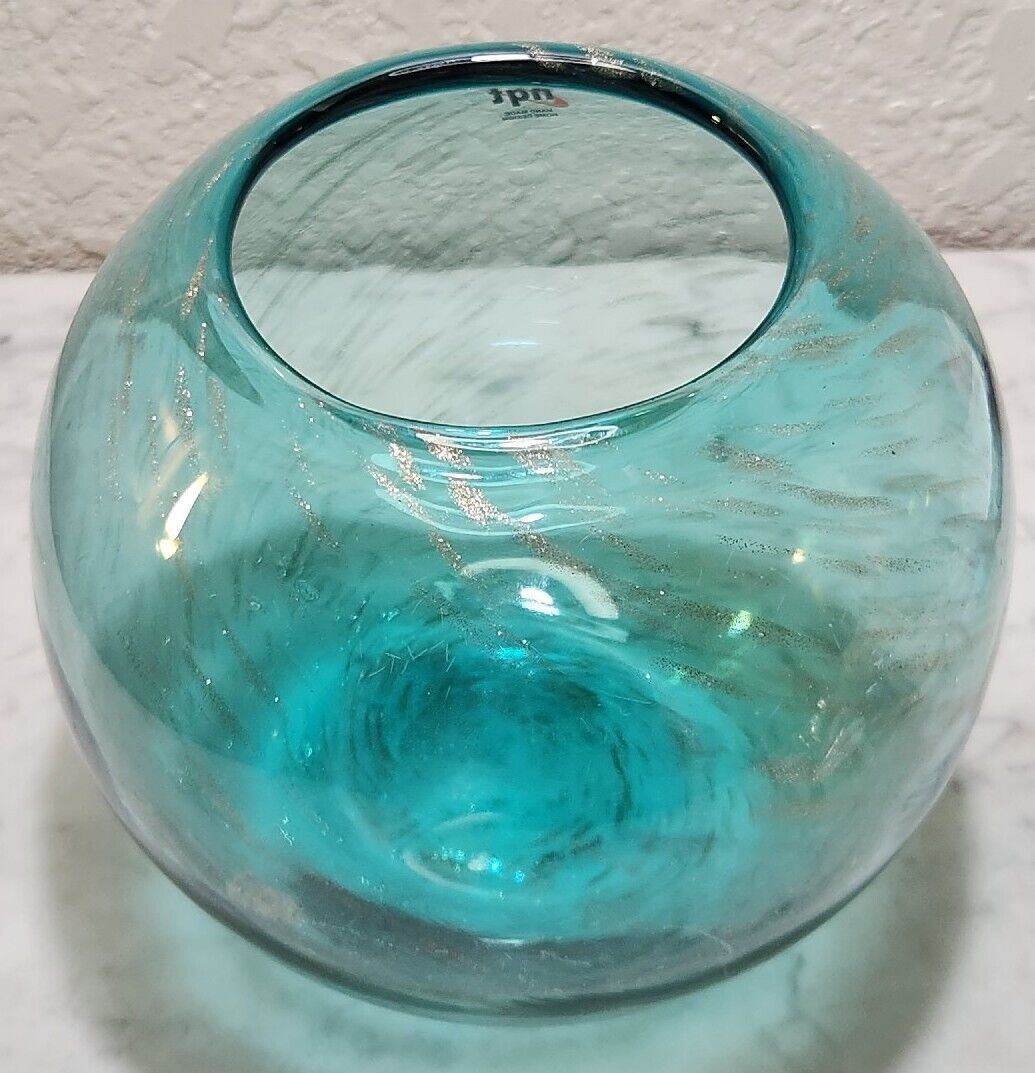 Medium HQT Handblown Aqua/Gold Glitter Artglass Swirl Globe/Rose Bowl/Vase NWT HQT - фотография #4