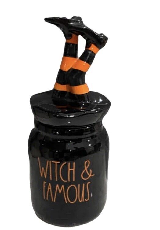 Rae Dunn "WITCH AND FAMOUS" Canister w/Leg Topper NEW Halloween 2022  Rae Dunn Does Not Apply