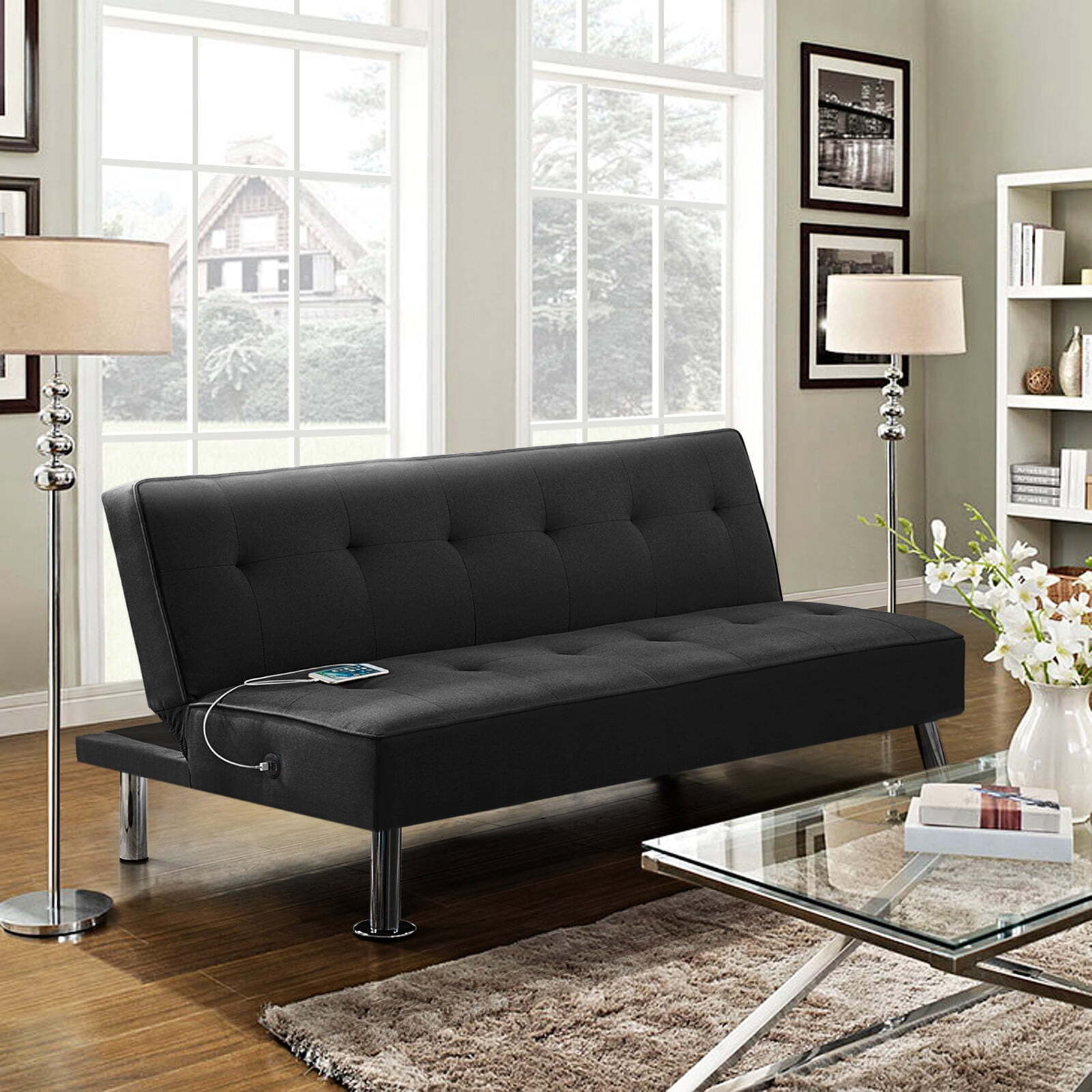  Modern Fabric Convertible Futon with USB, Black Unbranded