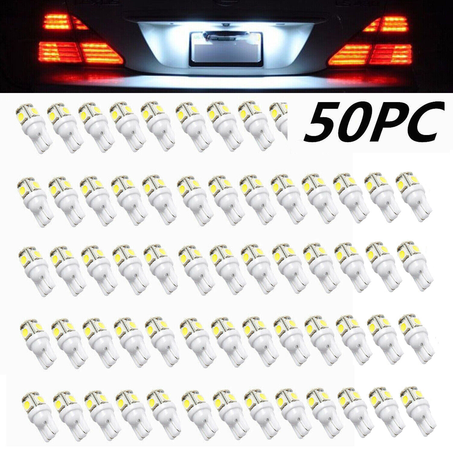 50Pcs Super White T10 Wedge 5-SMD 5050 LED Light bulbs W5W 2825 158 192 168 194 ANYHOW Does Not Apply