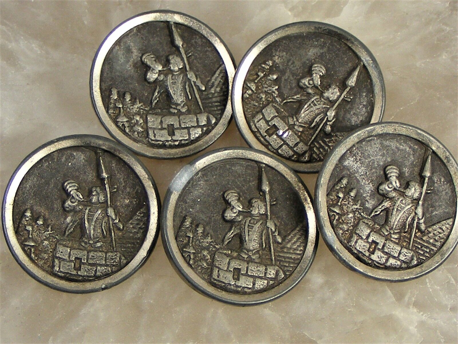 Antique Brass & Pewter Coat Story Book BUTTON Lot o 5 Soldier Castle Wall Spear  Без бренда