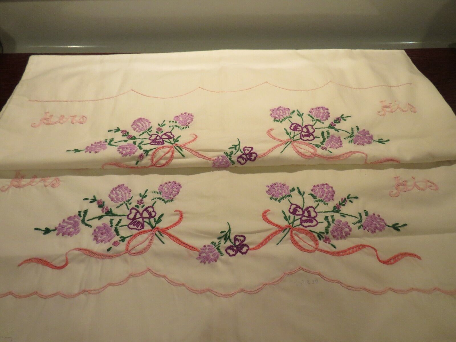 Pair Of Pretty Purple/Pink Floral Vintage Std. Embroidered Pillow Cases  Handmade