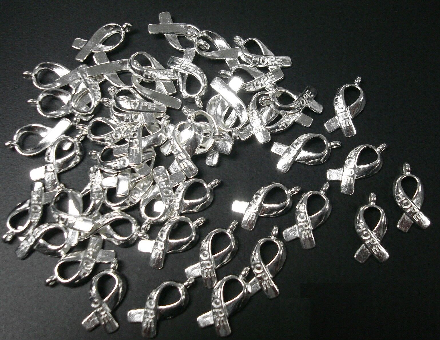 50 Cancer awareness hope ribbon charms bright silver plt zinc findings CFP113 Charms CFP113