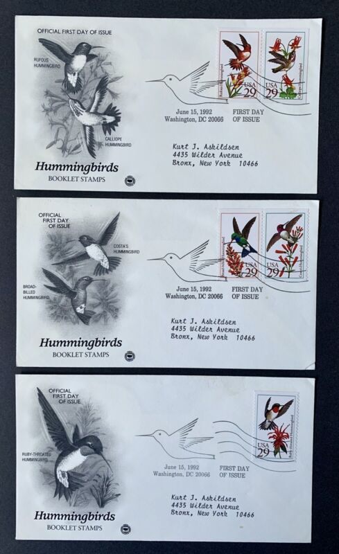 US 3 FDC covers humminbirds booklet stamps Washington DC 1992 Без бренда