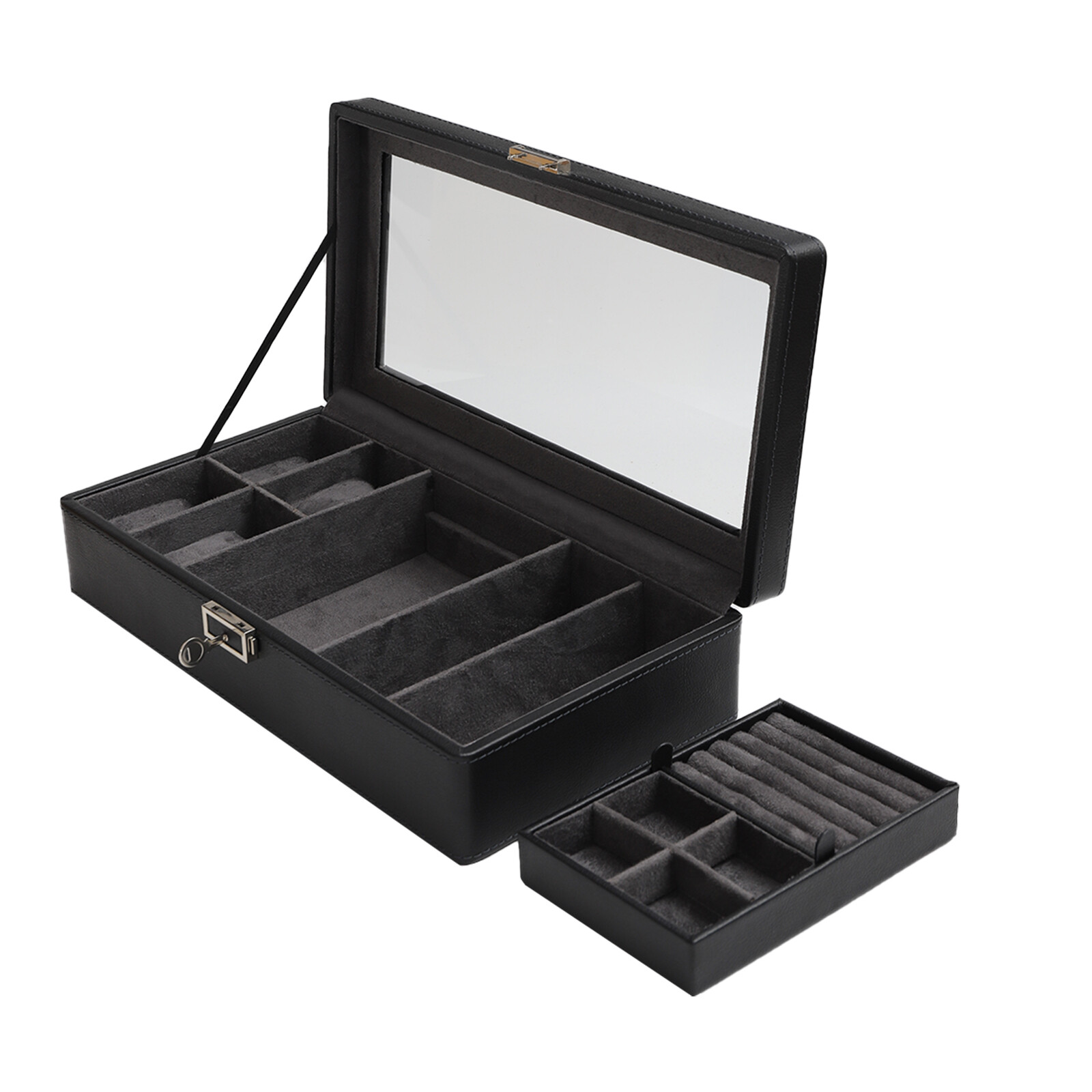 Large Jewelry Storage Box for Men Gifts Watch Display Case PU & Large Glass Lid Unbranded - фотография #2