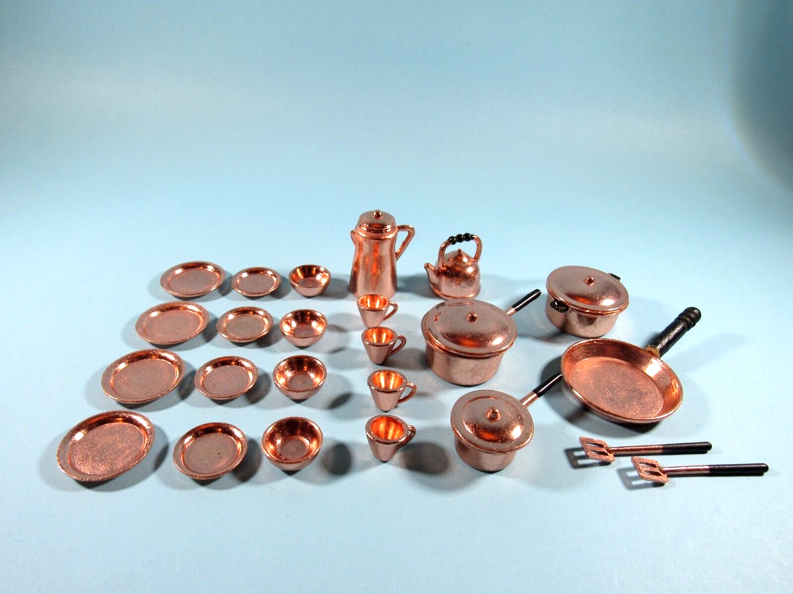 Dollhouse Miniature Copper Look Dishes Coffee Pot Cooking Pots & More 28 pc Town Square Miniatures G6107 D2792 D2765