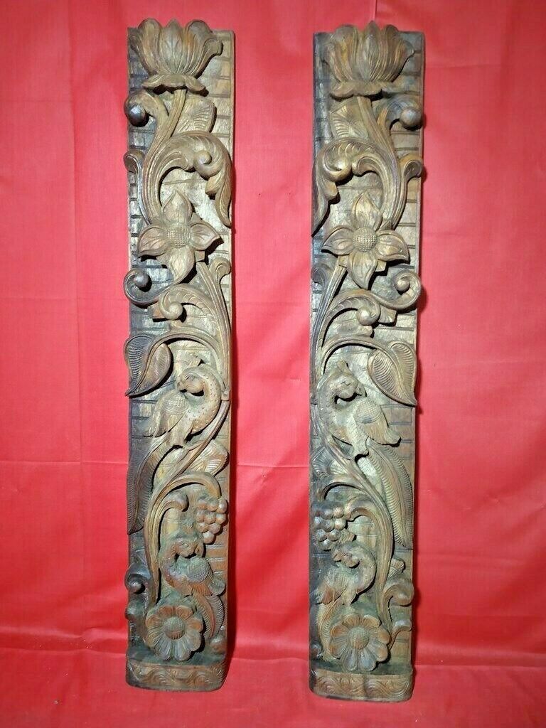 Vintage Wall Panel Pair Wooden Floral Hindu Temple Peacock Carving Decor Door US Без бренда