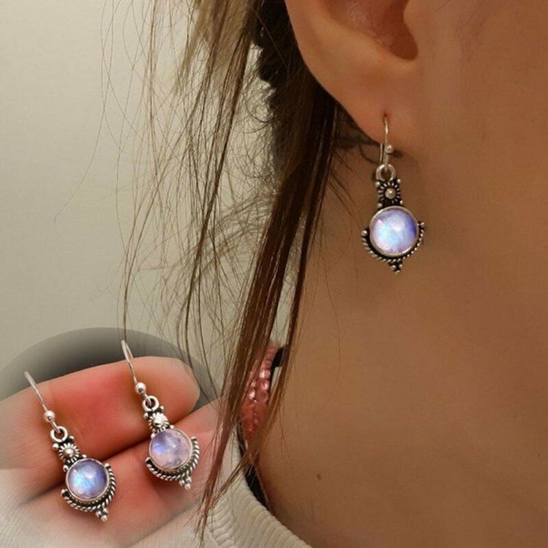 Silver Turquoise Color Moonstone Earrings Ear Hook Dangle Drop Gift Jewelry Rinhoo Does not apply - фотография #2