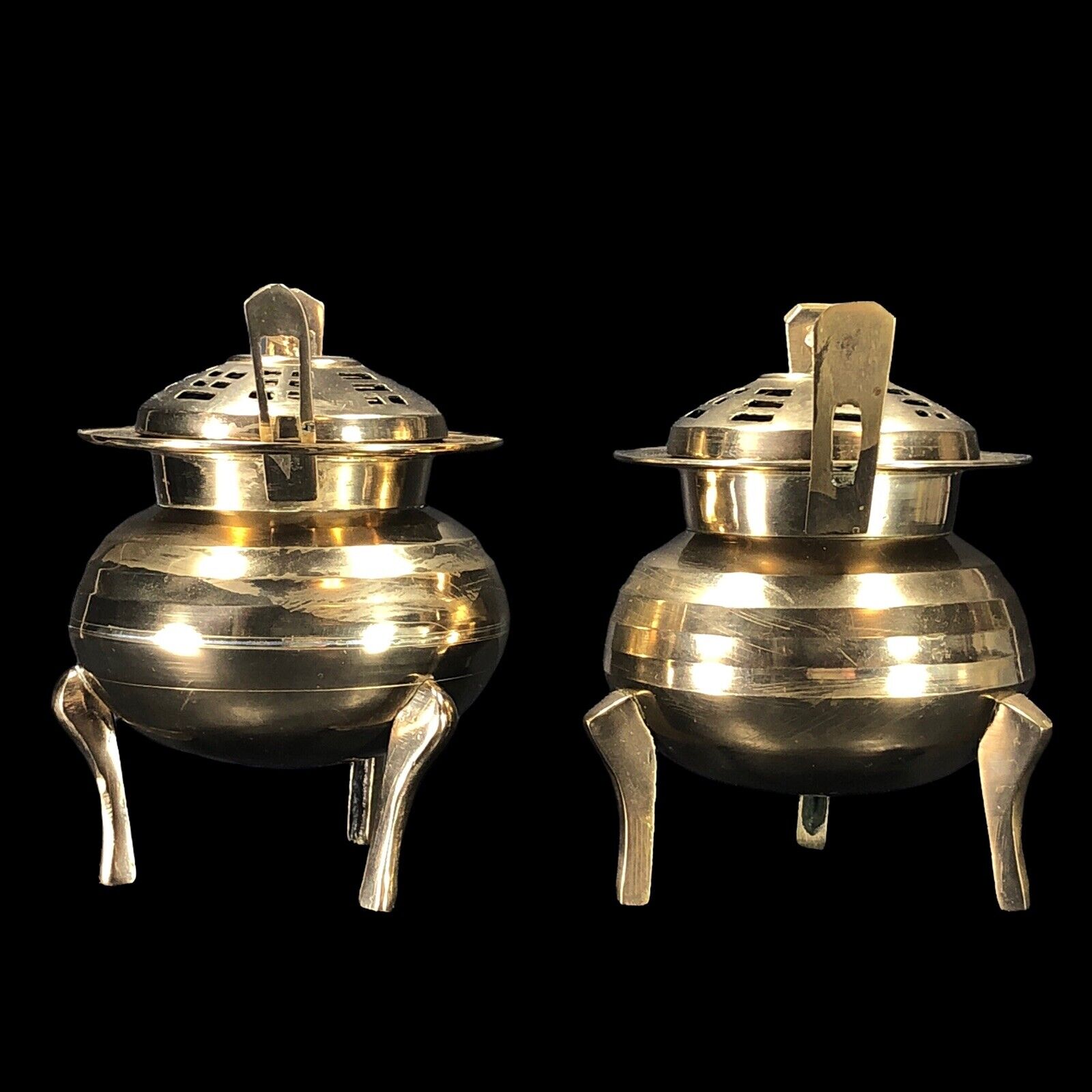 2ct Vintage Brass Chinese Censer Incense Burner Round w/ Lid Footed 5-in High Без бренда - фотография #3