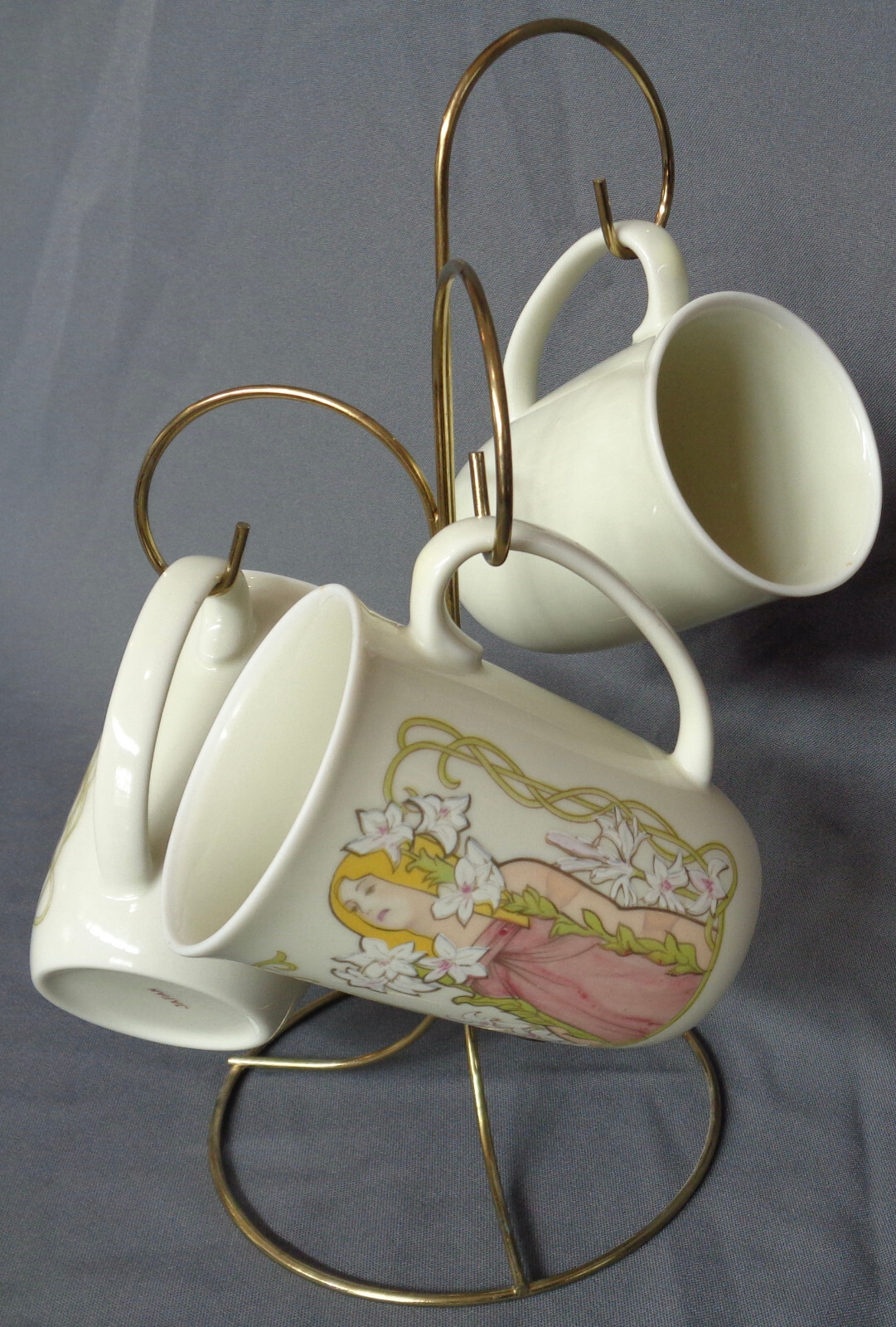 Set of 3 Vintage Cup Mugs Art Nouveau Mucha Style Japan + Brass PL. Cup Holder Unbranded - фотография #3