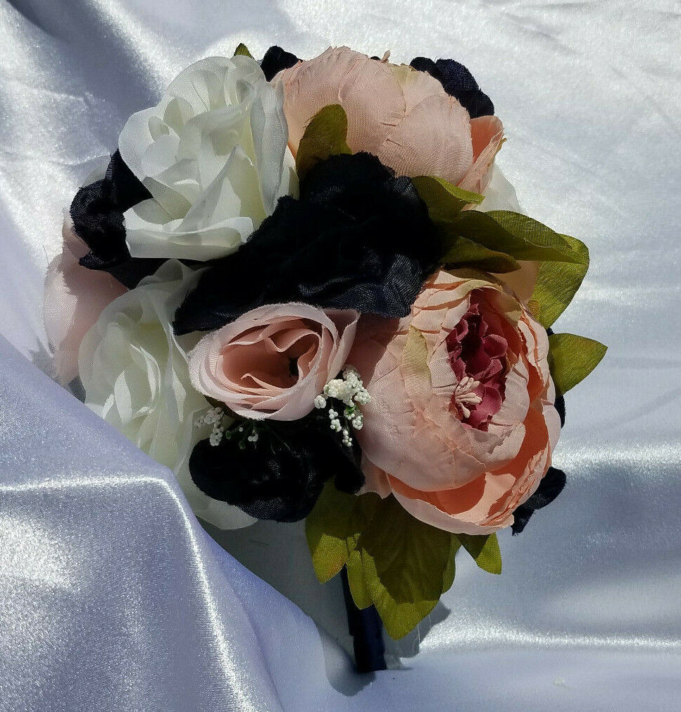 19 Pc Wedding Bouquet Pkg, Ivory, Navy Blue Roses, Blush Peony, Navy & Pink Wedding Bouquet Does Not Apply - фотография #3