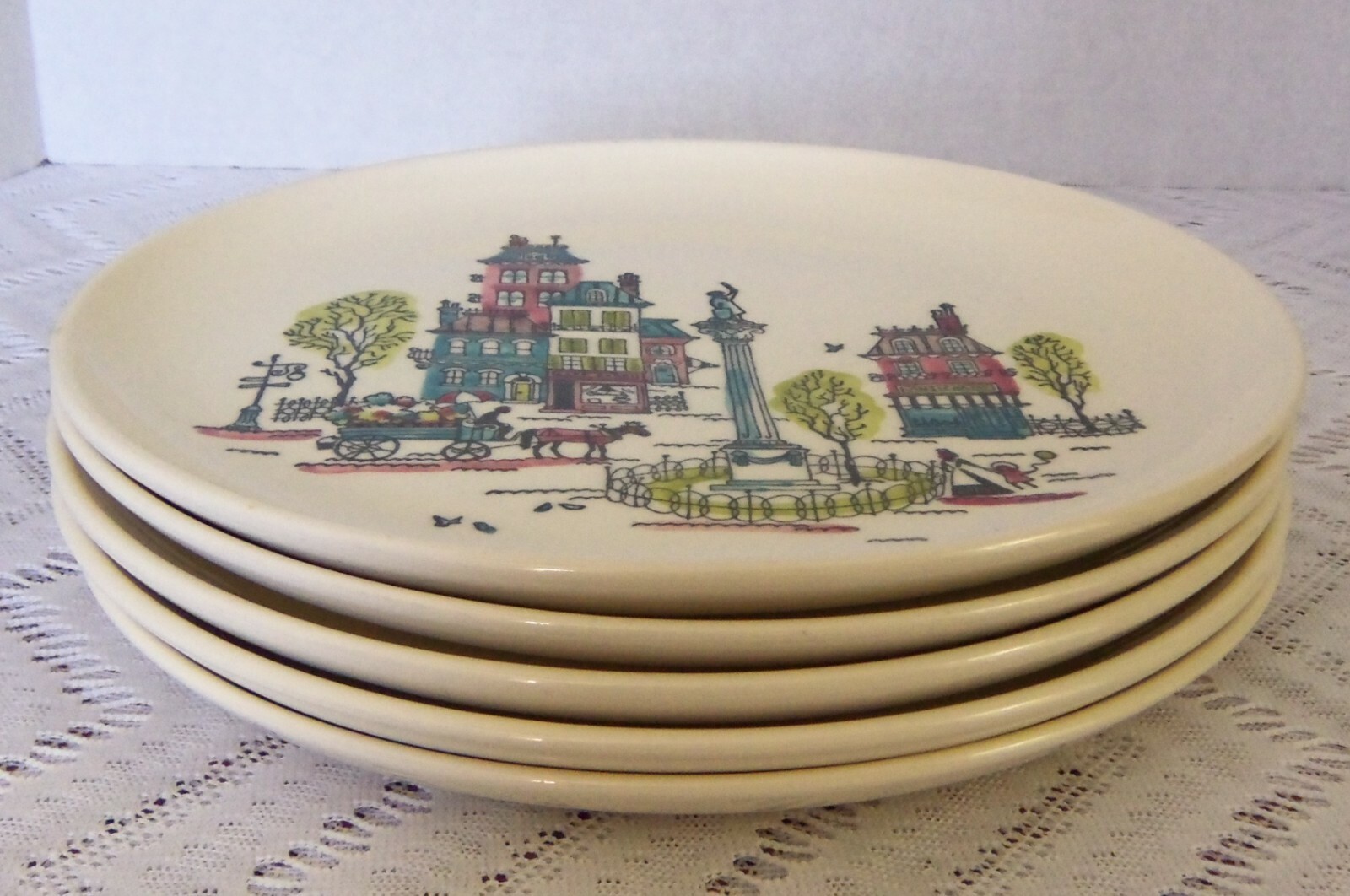 Rare Metlox Poppytrail Parisian Street Scene 10-1/4" Dinner Plates 1956 (X5) Metlox - фотография #2