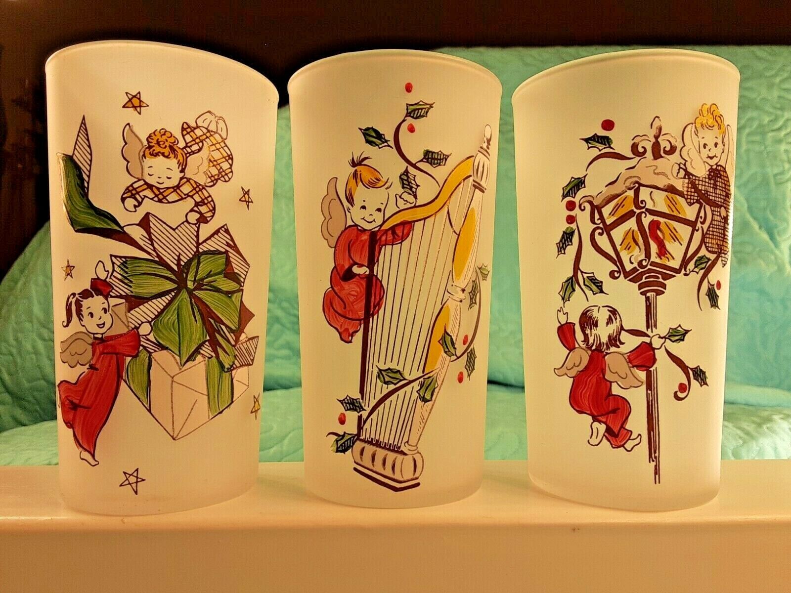 3 Retro Vintage 5" Federal Frosted Christmas Angel Theme Glasses Tumblers 1950s  Без бренда