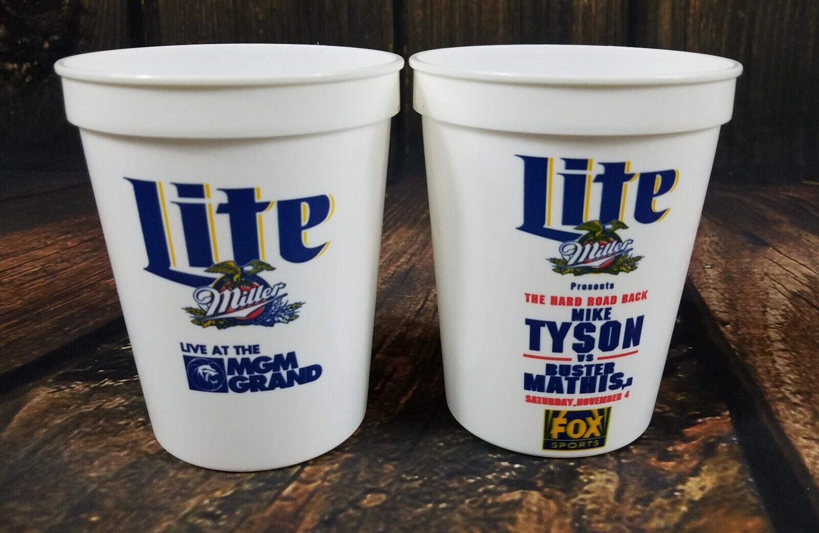Mike Tyson Event Cups Buster Mathis Jr MGM Grand Miller Lite USA Lot 2 Vintage Louisiana Plastics