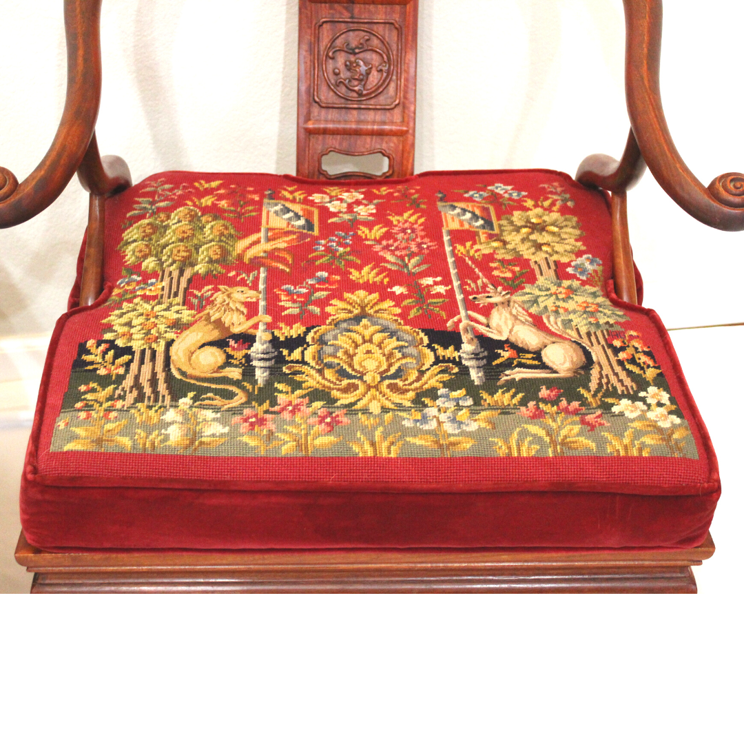 Vintage Chinese Rosewood Armchair Chairs Hand Stitched French Tapestry Cushions Unknown N/A - фотография #6