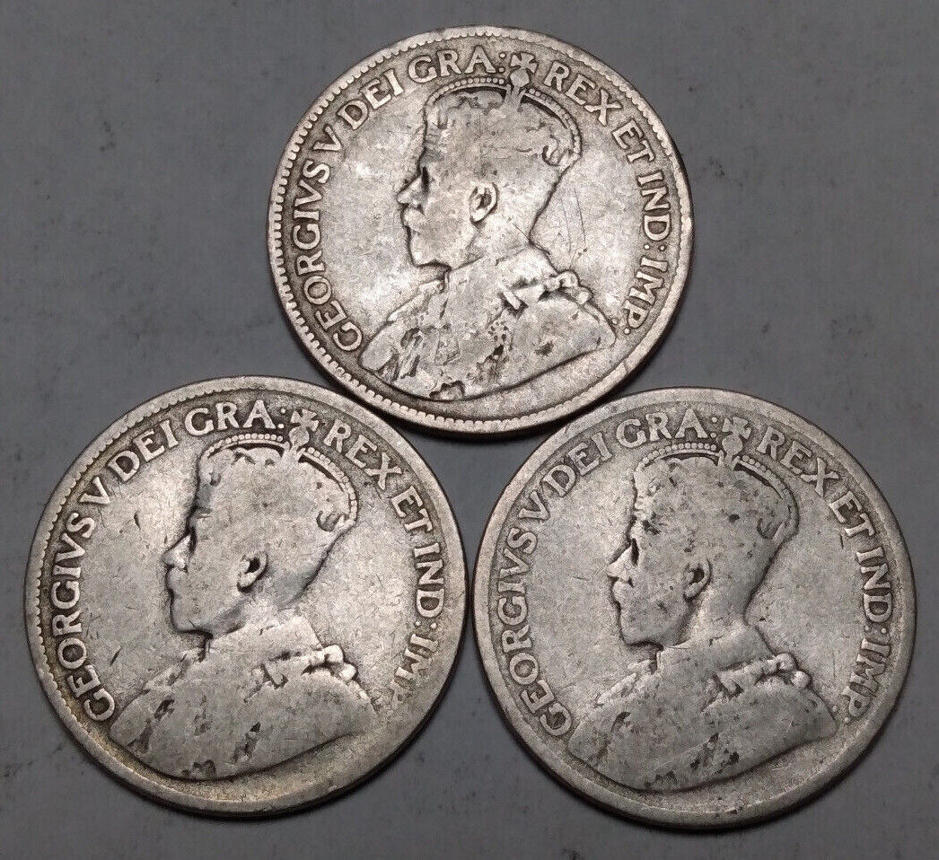 Lot of 3x Canada 25 Cents - George V Canadian Silver Quarters - 1917 1918 1919 Без бренда