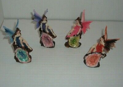 COLORFUL FAIRY SITTING ON  GEODE SET OR 4 RESIN FIGURINE 4"X 2" TALL NEW PDR27 EVERYSPRING IMPORTS