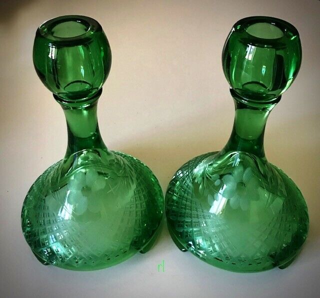 FOSTORIA #2297 PAIR OF GREEN  CANDLE HOLDERS with CUTTING Fostoria #2297