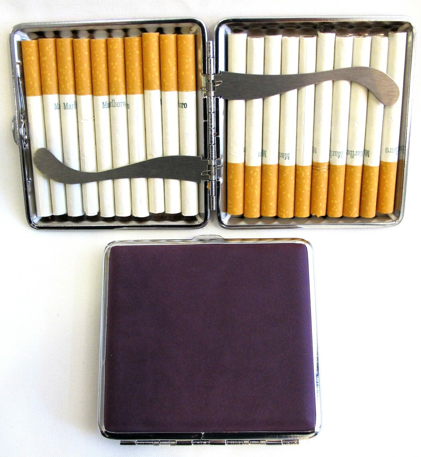 2pc Set Stainless Steel Cigarette Case Hold 20pc Regular 84s - HOT PINK + PURPLE Без бренда - фотография #3