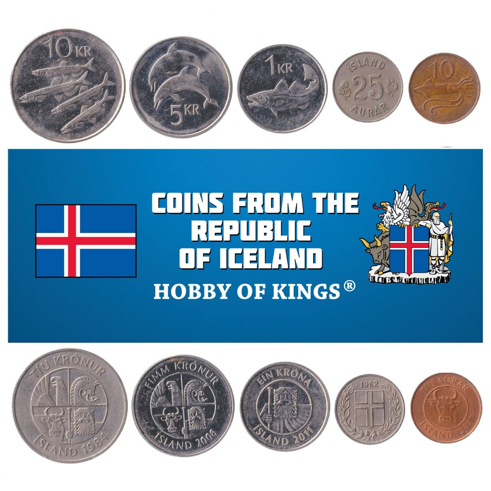 5 Icelandic Coins | Aurar Kronur | Capelin Skate Squid Shrimp Codfish Dolphins Без бренда