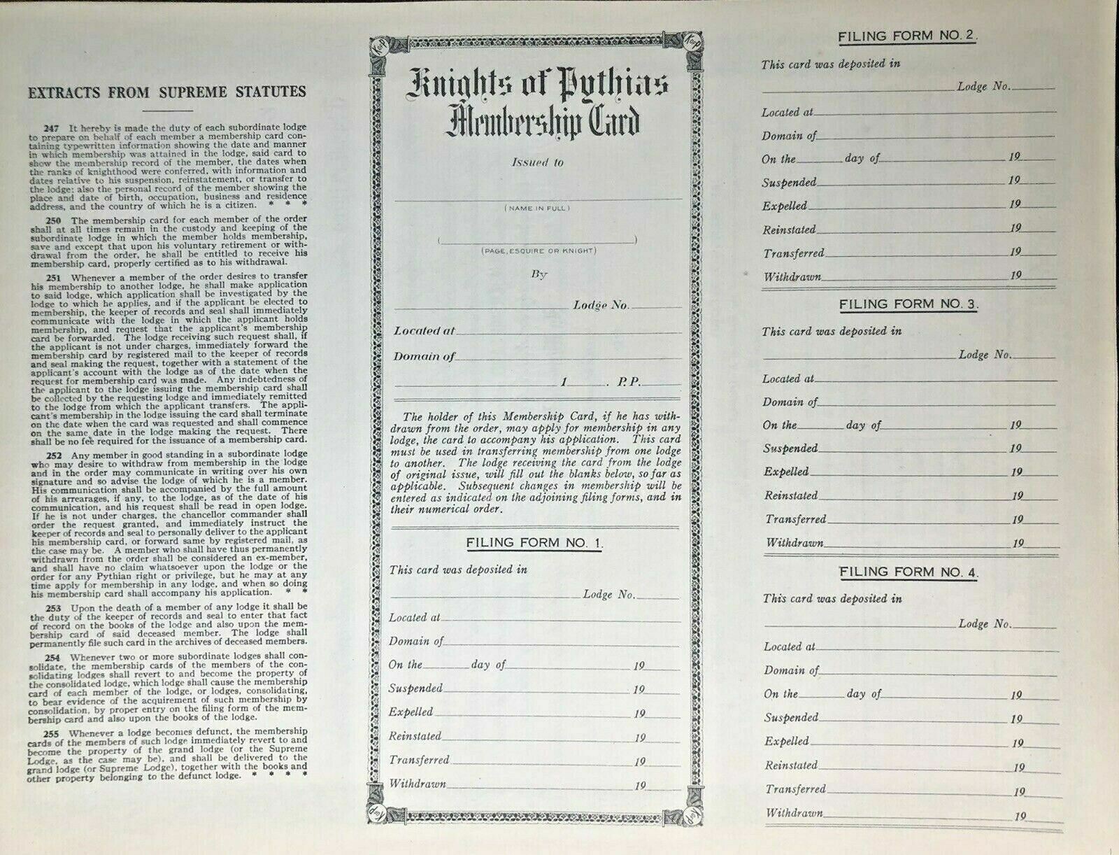 Supreme Lodge Knights of Pythias Ca. 1920 Membership Card BLANK UNUSED MINT Без бренда - фотография #3